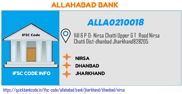 Allahabad Bank Nirsa ALLA0210018 IFSC Code