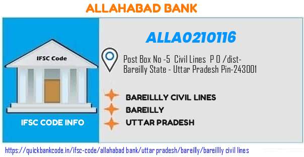 Allahabad Bank Bareillly Civil Lines ALLA0210116 IFSC Code