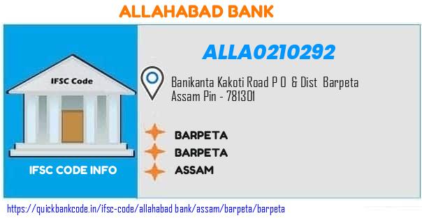 Allahabad Bank Barpeta ALLA0210292 IFSC Code