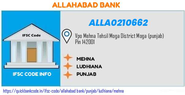 Allahabad Bank Mehna ALLA0210662 IFSC Code