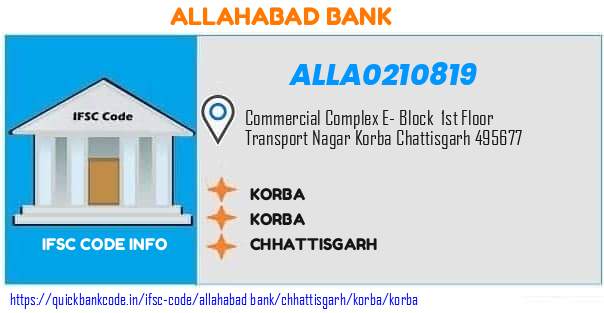 Allahabad Bank Korba ALLA0210819 IFSC Code