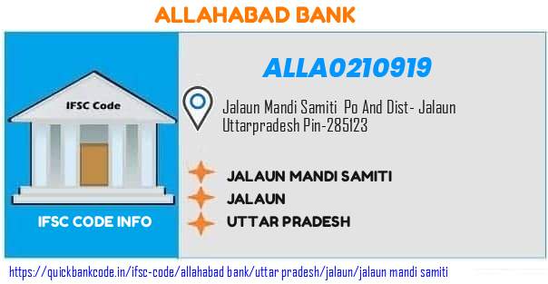 Allahabad Bank Jalaun Mandi Samiti ALLA0210919 IFSC Code