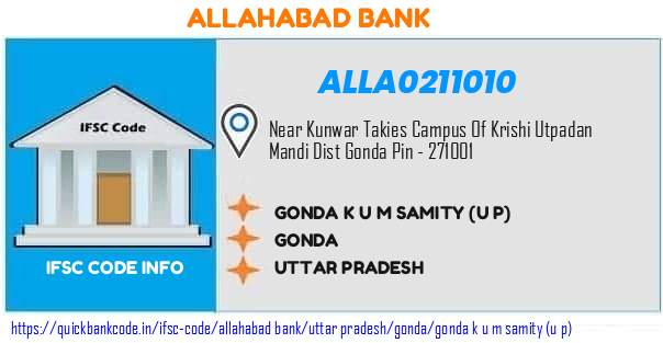 Allahabad Bank Gonda K U M Samity u P ALLA0211010 IFSC Code