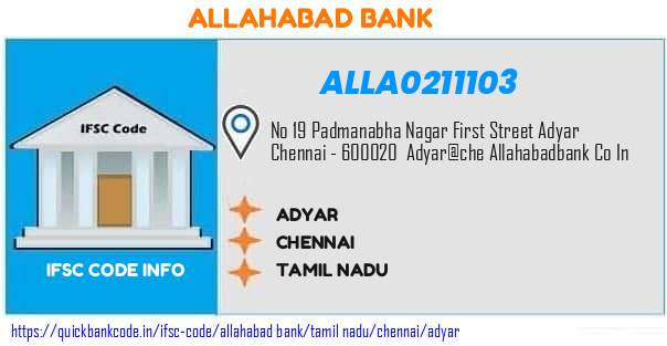 Allahabad Bank Adyar ALLA0211103 IFSC Code
