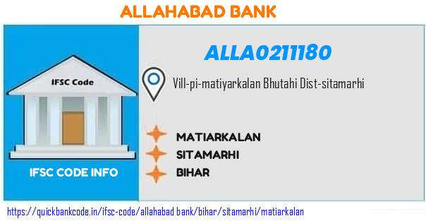 Allahabad Bank Matiarkalan  ALLA0211180 IFSC Code