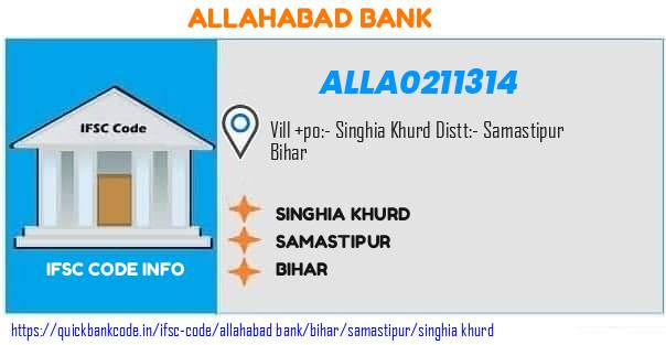 Allahabad Bank Singhia Khurd ALLA0211314 IFSC Code