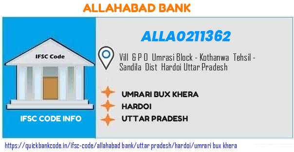 Allahabad Bank Umrari Bux Khera ALLA0211362 IFSC Code