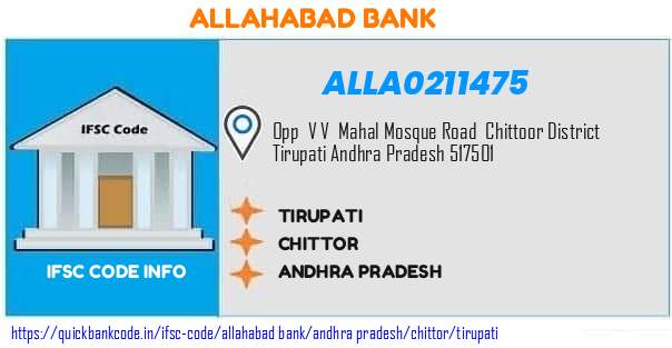 Allahabad Bank Tirupati ALLA0211475 IFSC Code