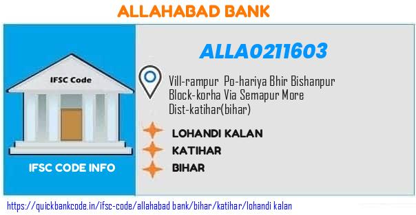 Allahabad Bank Lohandi Kalan ALLA0211603 IFSC Code