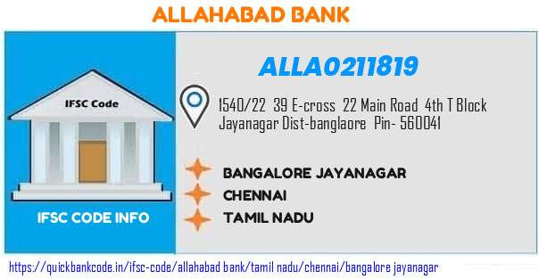 Allahabad Bank Bangalore Jayanagar ALLA0211819 IFSC Code