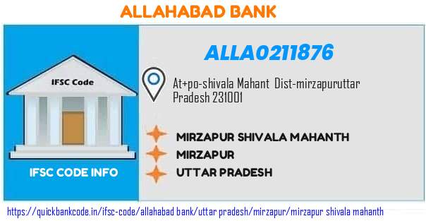 Allahabad Bank Mirzapur Shivala Mahanth ALLA0211876 IFSC Code