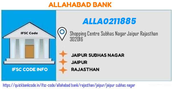 Allahabad Bank Jaipur Subhas Nagar ALLA0211885 IFSC Code