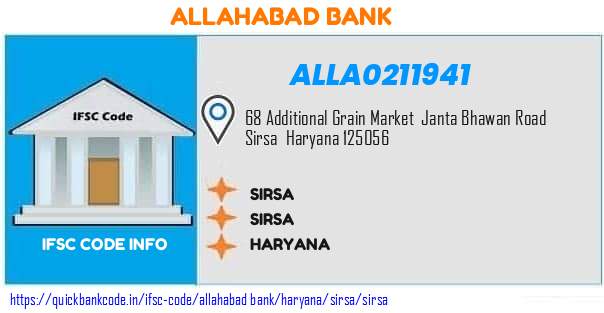 Allahabad Bank Sirsa ALLA0211941 IFSC Code