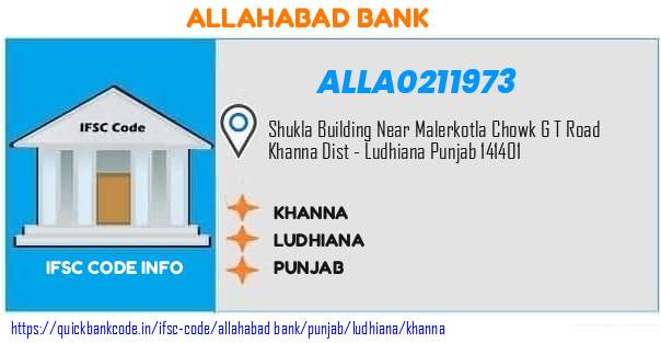 Allahabad Bank Khanna ALLA0211973 IFSC Code