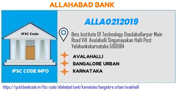 Allahabad Bank Avalahalli ALLA0212019 IFSC Code