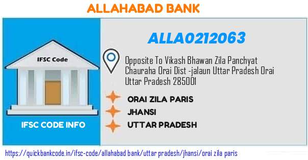 Allahabad Bank Orai Zila Paris ALLA0212063 IFSC Code