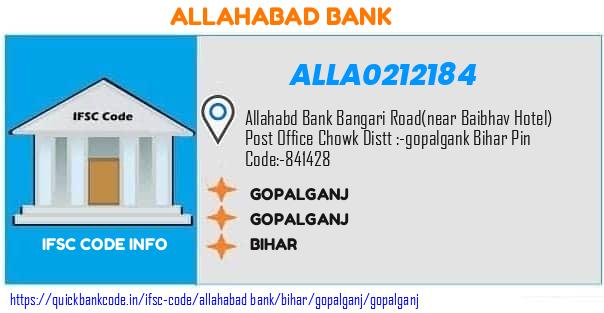 Allahabad Bank Gopalganj ALLA0212184 IFSC Code