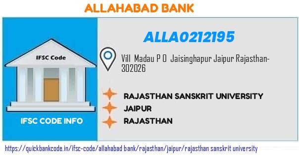 Allahabad Bank Rajasthan Sanskrit University ALLA0212195 IFSC Code
