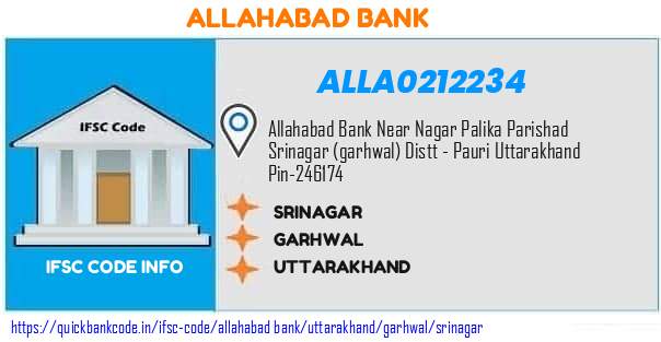 Allahabad Bank Srinagar ALLA0212234 IFSC Code