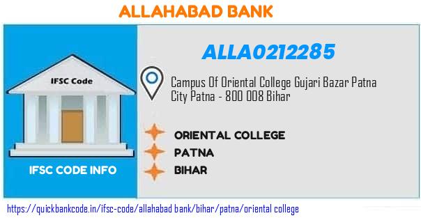 Allahabad Bank Oriental College ALLA0212285 IFSC Code