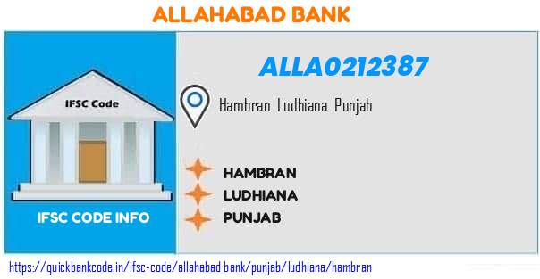 Allahabad Bank Hambran ALLA0212387 IFSC Code