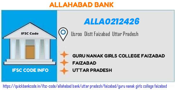 Allahabad Bank Guru Nanak Girls College Faizabad ALLA0212426 IFSC Code