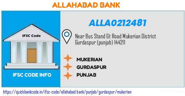Allahabad Bank Mukerian ALLA0212481 IFSC Code
