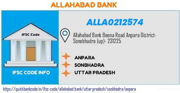 Allahabad Bank Anpara ALLA0212574 IFSC Code