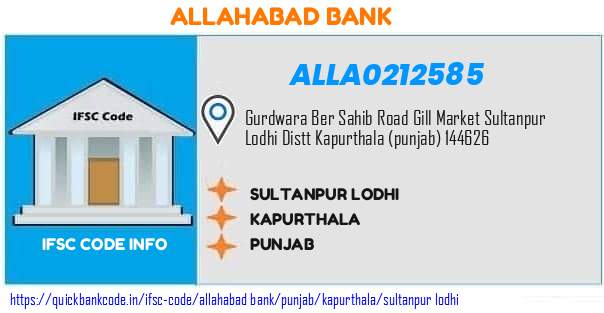 Allahabad Bank Sultanpur Lodhi ALLA0212585 IFSC Code
