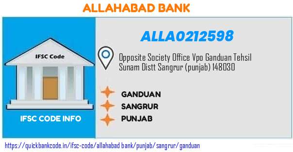 Allahabad Bank Ganduan ALLA0212598 IFSC Code
