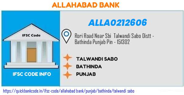 Allahabad Bank Talwandi Sabo ALLA0212606 IFSC Code