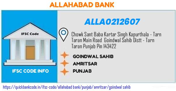 Allahabad Bank Goindwal Sahib ALLA0212607 IFSC Code