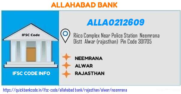 Allahabad Bank Neemrana ALLA0212609 IFSC Code