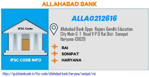 Allahabad Bank Rai ALLA0212616 IFSC Code