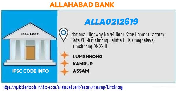 Allahabad Bank Lumshnong ALLA0212619 IFSC Code