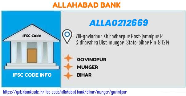 Allahabad Bank Govindpur ALLA0212669 IFSC Code