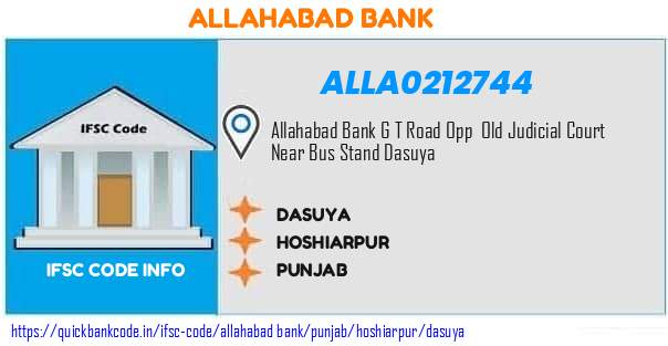 Allahabad Bank Dasuya ALLA0212744 IFSC Code