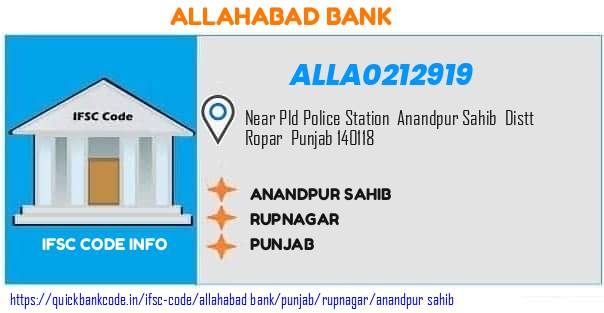 Allahabad Bank Anandpur Sahib ALLA0212919 IFSC Code