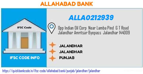 Allahabad Bank Jalandhar ALLA0212939 IFSC Code