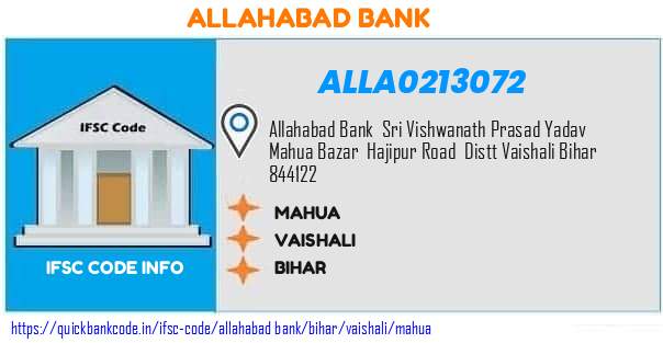 Allahabad Bank Mahua ALLA0213072 IFSC Code