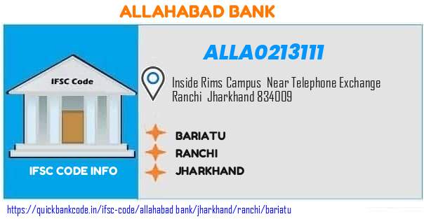 Allahabad Bank Bariatu ALLA0213111 IFSC Code