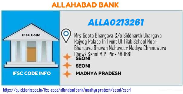 Allahabad Bank Seoni ALLA0213261 IFSC Code
