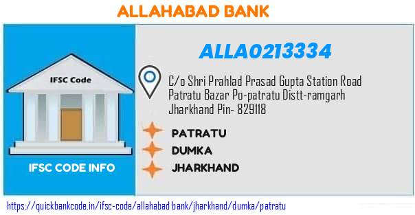 Allahabad Bank Patratu ALLA0213334 IFSC Code