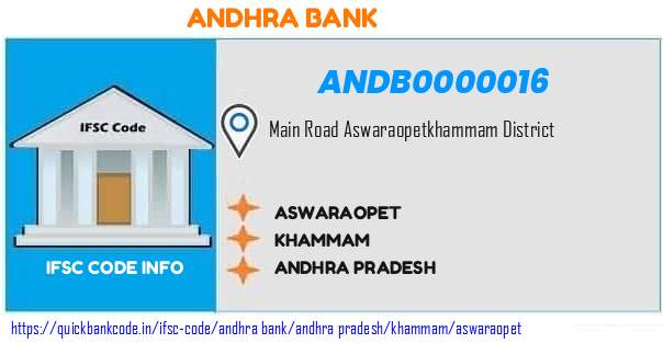 Andhra Bank Aswaraopet ANDB0000016 IFSC Code