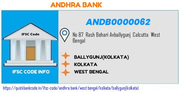 Andhra Bank Ballygunjkolkata ANDB0000062 IFSC Code
