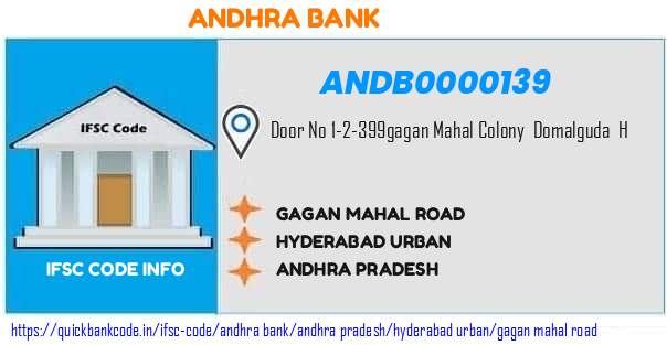 Andhra Bank Gagan Mahal Road ANDB0000139 IFSC Code