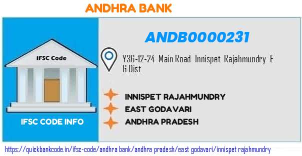 Andhra Bank Innispet Rajahmundry ANDB0000231 IFSC Code