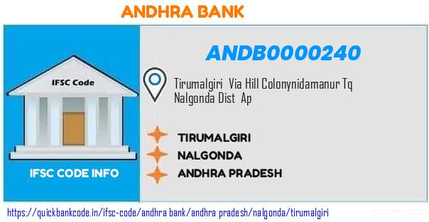 Andhra Bank Tirumalgiri ANDB0000240 IFSC Code