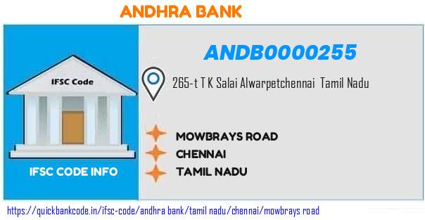 Andhra Bank Mowbrays Road ANDB0000255 IFSC Code