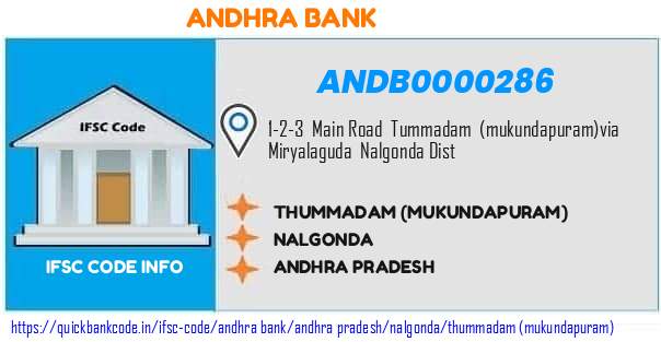 Andhra Bank Thummadam mukundapuram ANDB0000286 IFSC Code